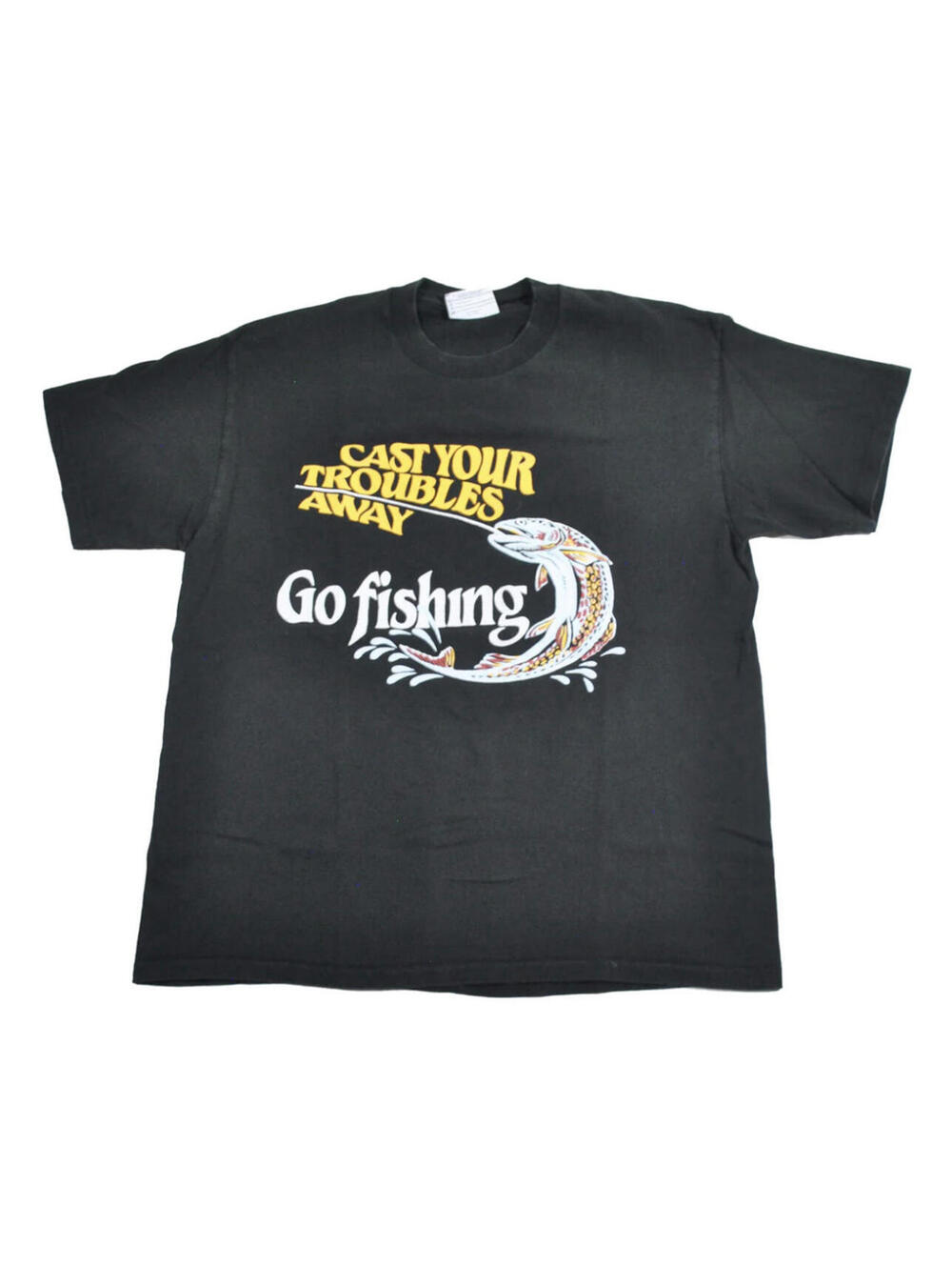 Vintage Cast Your Troubles Away Go Fishing 90s Black Fish Beer Shirt Size Large